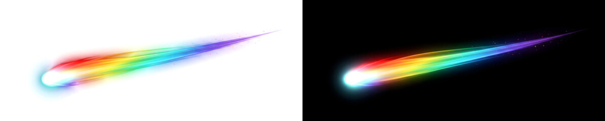 Comet with a glowing head and colorful rainbow tail streaking across for design in PNG, Transparent and Black Background Versions © Crafter