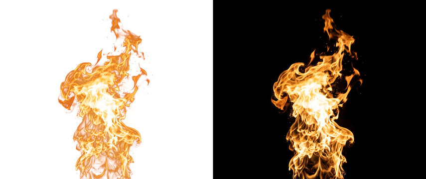 Fire flame burning upward with a realistic blazing orange texture for design in PNG, Transparent and Black Background Versions