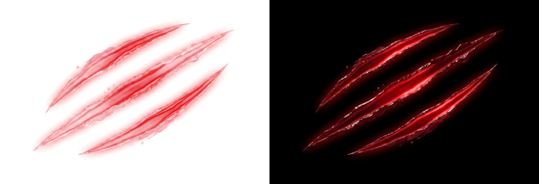 Wound gashes cutting deep with glossy red blood and sharp edges for design in PNG, Transparent and Black Background Versions