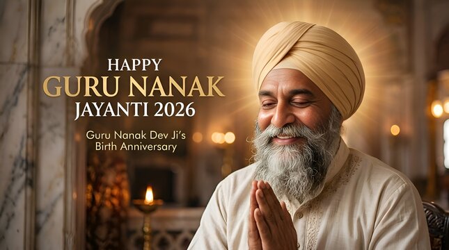 Happy Guru Nanak Jayanti 2026: Sikh man greeting in traditional attire, warm glow