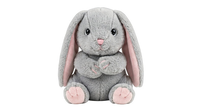 Adorable gray bunny plush toy with pink inner ears and paws a charming companion isolated on transparent background