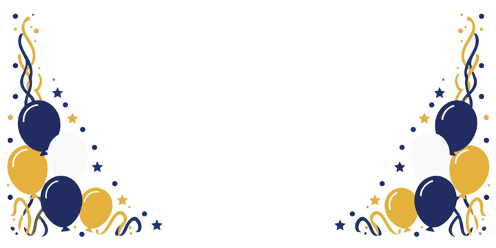 Festive party border with blue and yellow balloons and confetti design element event planning party supplies background theme decoration balloon arch invitation