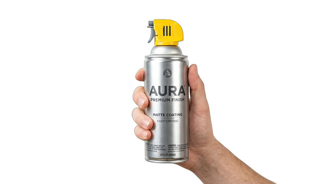 A detailed depiction of a silver aura spray can held in a human hand isolated on transparent background