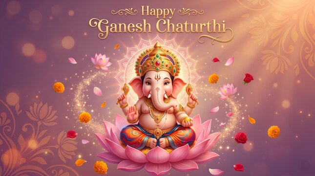 Happy ganesh chaturthi greeting with lord ganesha on lotus flower