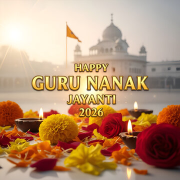 Happy Guru Nanak Jayanti 2026 with floral offerings and candles