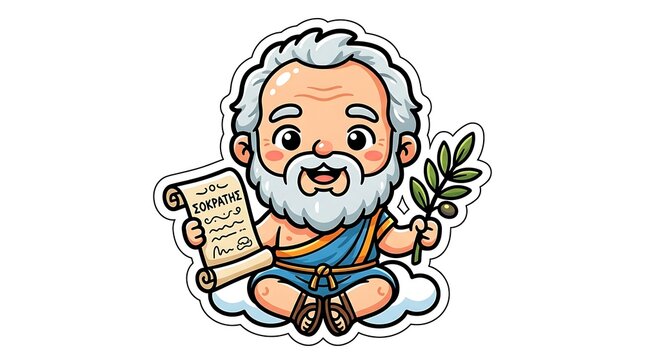 Cute chibi cartoon illustration of ancient Greek philosopher Plato holding scroll of Republic, philosophy concept