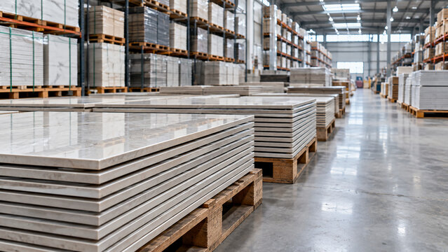 Large warehouse interior stacked with polished stone slabs on wooden pallets, organized for storage and distribution.