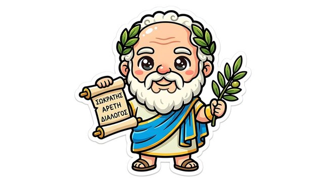 Cute chibi cartoon illustration of ancient Greek philosopher Plato holding scroll of Republic, philosophy concept