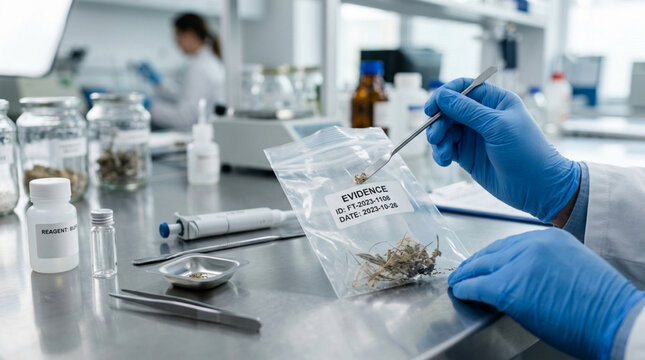 Forensic Scientist Examining Evidence Bag in Laboratory