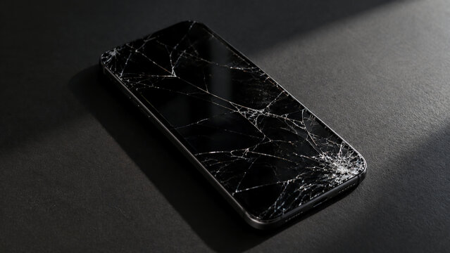 A black smartphone with a severely cracked screen lies on a dark surface under soft lighting.