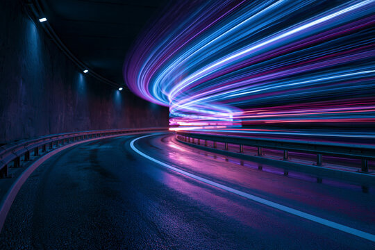 Vibrant neon light trails curve dynamically through a dark futuristic tunnel with wet reflective asphalt.