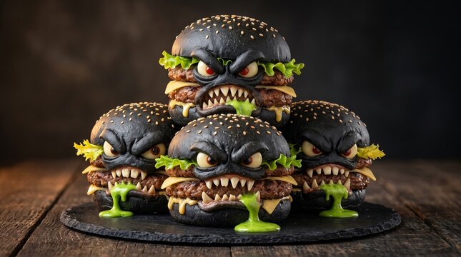 Scary monster burger stack with black buns and green slime on dark wooden table