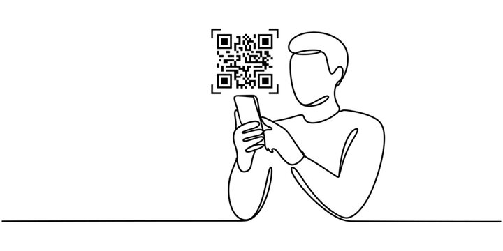 Continuous one line drawing of man scanning QR code using smartphone camera vector illustration