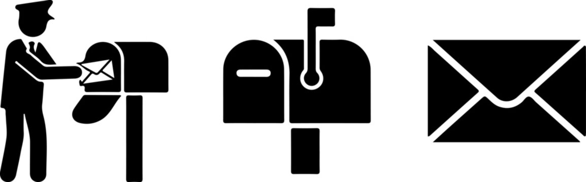 Postal Worker Silhouette Icons: Mailbox, Letter and Envelope