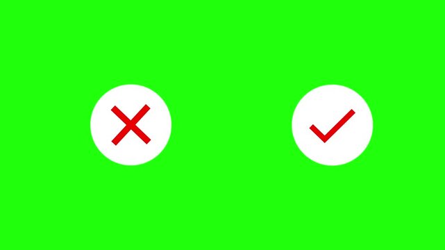 Animated red checkmark and cross symbol set on a bright green chroma key background, for easy editing, user interface feedback, systems, surveys, and, digital voting