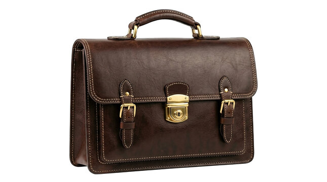 A meticulously crafted vintage style brown leather briefcase elegantly displayed and isolated on transparent background