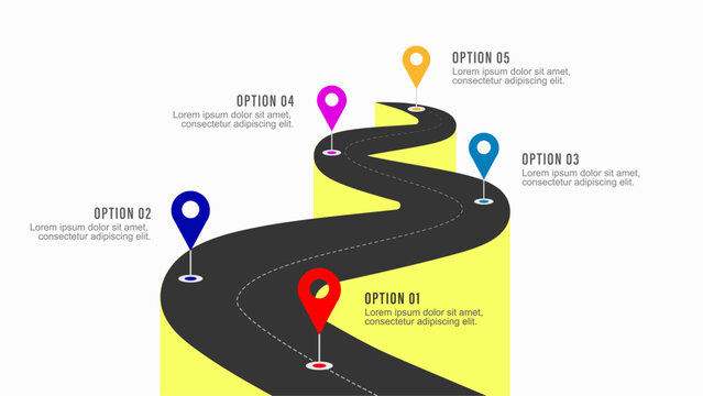 5 steps 3D road roadmap infographic timeline template with map pin pointers vector illustration