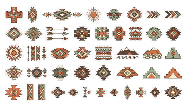 Native American ethnic vector ornament set with Aztec tribal geometric pattern elements arrow sun mountains and bohemian symbols