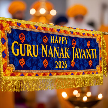 Happy Guru Nanak Jayanti Banner with Sikh Devotees Celebrating