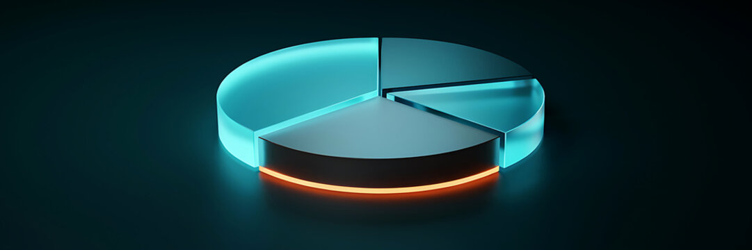 Glowing blue and grey 3d pie chart with a bright orange light ring at the base isolated on a dark background, for business data analysis