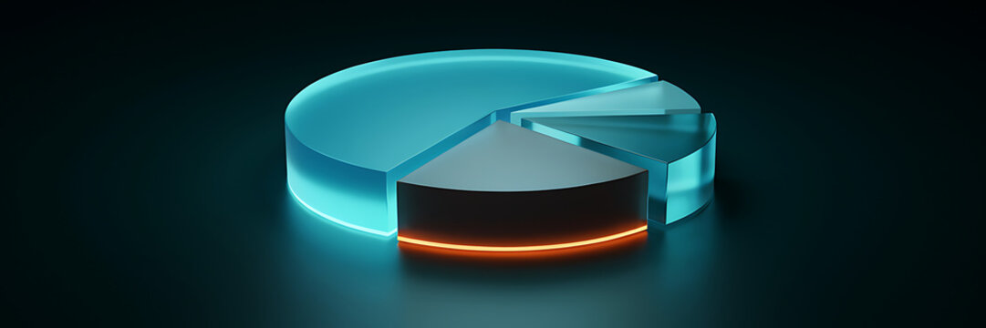 Glowing blue and grey 3d pie chart with a bright orange light ring at the base isolated on a dark background, for business data analysis