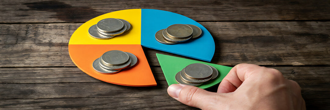 Hand placing a green segment into a colorful pie chart made of wooden pieces with stacks of silver coins on each section on a wooden table