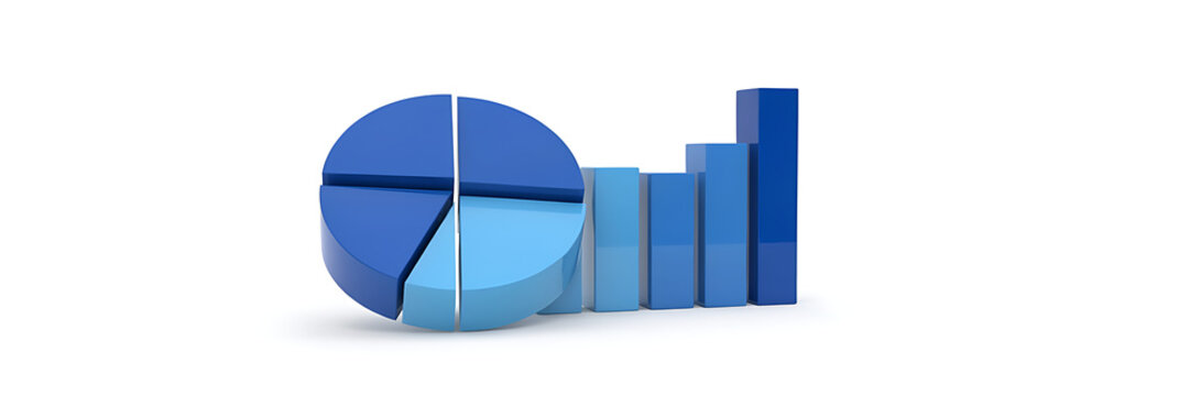 A3d blue pie chart with a separated segment and a row of vertical bar graphs of increasing height on a clean white background, for business
