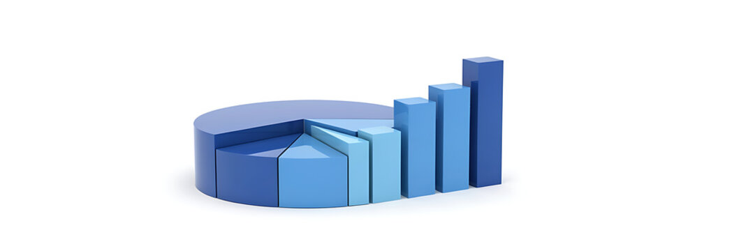 A3d blue pie chart with one segment slightly raised and a series of vertical bar graphs of increasing height on a plain white background area