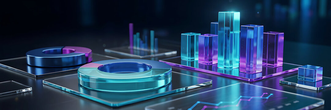 A futuristic 3d digital dashboard featuring glowing glass bar charts and circular donut charts on a dark reflective surface for financial data