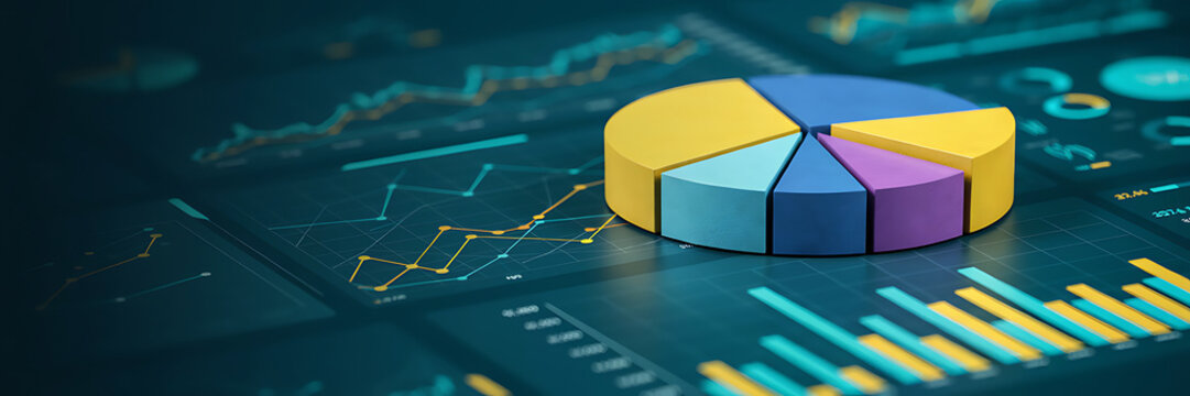 A3d pie chart with multiple colored segments displayed on a dark digital dashboard with glowing line charts and bar graphs for financial data