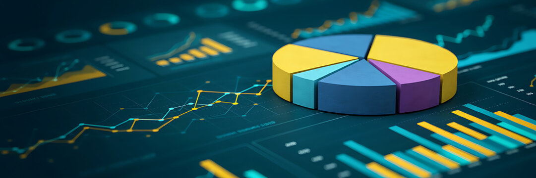 A colorful 3d pie chart resting on a dark digital dashboard featuring glowing line graphs and bar charts for financial market data analysis