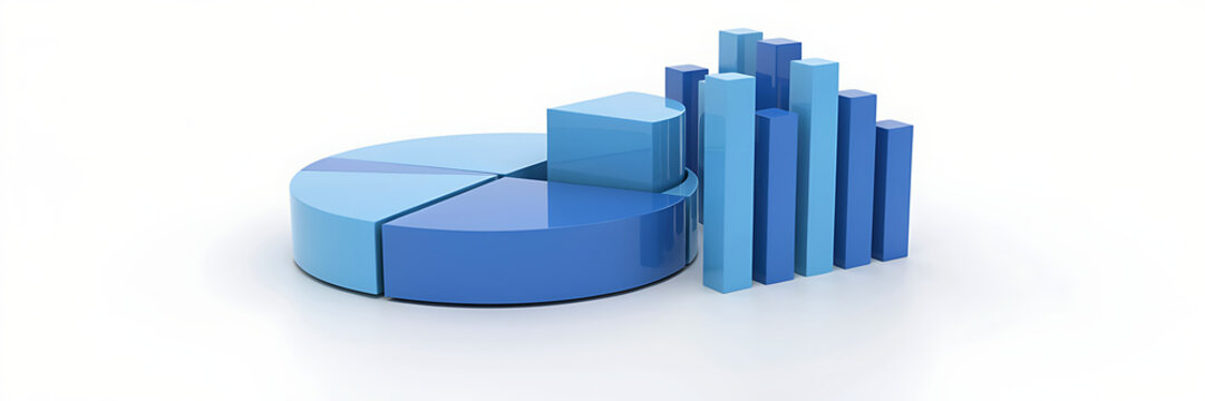 A3d blue pie chart with one segment separated and a cluster of vertical bar graphs of different heights on a plain white background surface