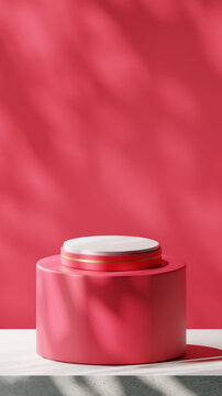 A luxurious podium in Amaranth Red with gold stripe. Placed on a rounded board over Base cement texture with Amaranth Red backdrop. Nature gobos light