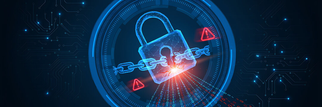 Glowing blue digital padlock with metallic chains and red warning triangles on a dark background, representing cybersecurity data threats