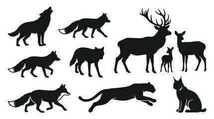 Obraz premium Collection of wild animal silhouettes featuring howling wolves, walking foxes, a deer family with a stag and fawn, a mountain lion, and a lynx isolated on a white background.