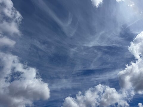 Sky with cirrus and cumulus clouds air background 