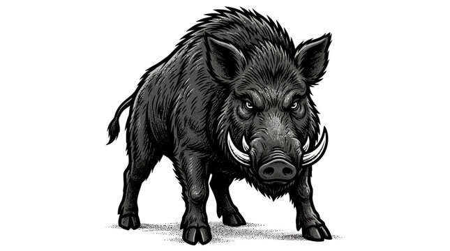 Powerful black and white vector illustration of an aggressive wild boar with sharp tusks and detailed fur texture shown from a low-angle perspective isolated on a white background.