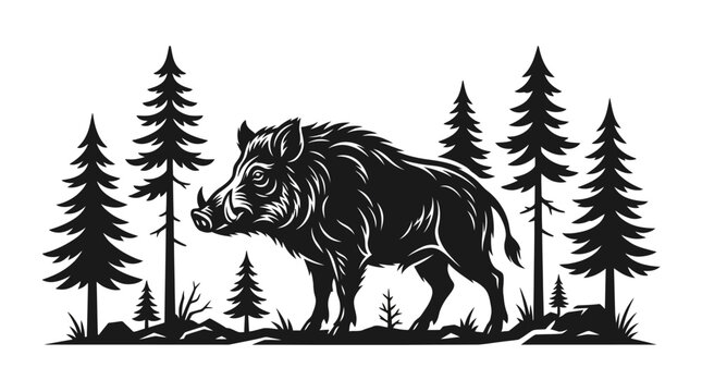Stylized black and white vector illustration of a powerful wild boar standing in a coniferous forest with pine trees, high contrast silhouette isolated on white background.