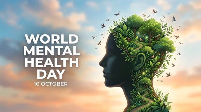 A conceptual illustration representing world mental health day with a human head silhouette filled with lush green nature elements