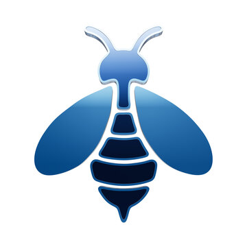 A 3D blue glossy icon of a bee or wasp insect, featuring a stylized winged shape with a metallic finish, isolated on a white background, for nature or biology isolated on a transparent background
