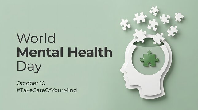World mental health day concept with a human head silhouette and puzzle pieces representing psychological awareness and emotional well being