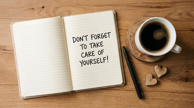 An open notebook with a handwritten reminder about mental health and self care beside a warm cup of coffee