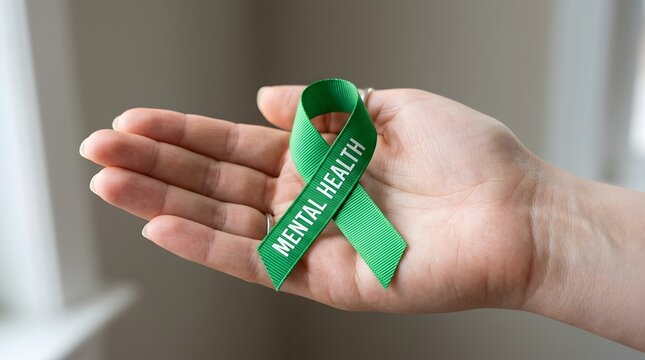 A person holding a green ribbon in their hand to show support for mental health awareness and advocacy campaigns