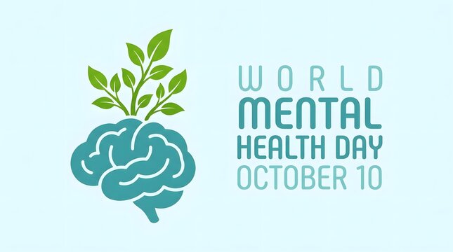 World mental health day illustration featuring a human brain with growing green leaves to symbolize wellness and psychological growth