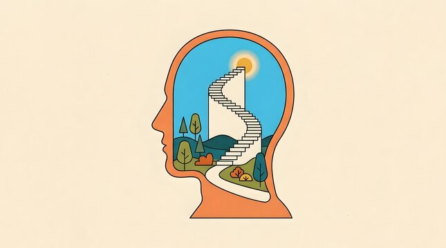 A conceptual illustration of a human head silhouette featuring a serene natural landscape representing positive mental health and mindfulness