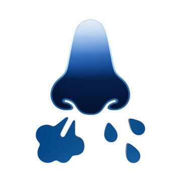 A blue metallic icon of a nose with sneezing or runny nose symptoms, isolated on a white background, flat style medical for health isolated on a transparent background