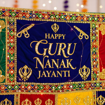 Happy Guru Nanak Jayanti ornate textile decoration with Khanda symbols