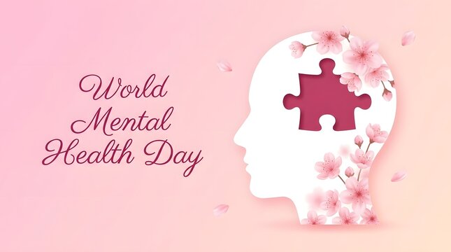 World mental health day illustration featuring a human head silhouette with puzzle pieces and floral elements on pink background