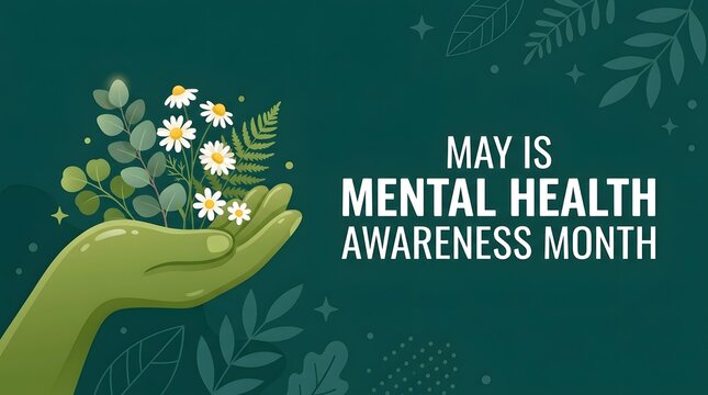 A conceptual illustration featuring a hand holding flowers to promote mental health awareness during the month of may