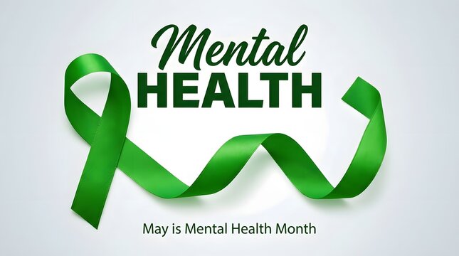A green awareness ribbon design emphasizing the importance of mental health support and advocacy for global wellbeing awareness campaigns